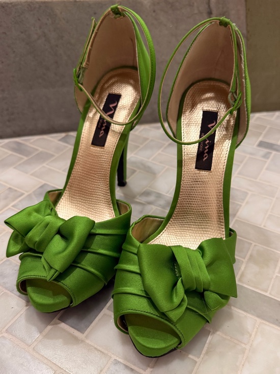 Nina Shoes - Nina Lime Green Satin Bow Peep-Toe Ankle-Strap Heels